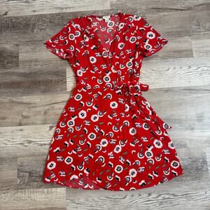 J.Crew Red Floral Wrap Dress Short Sleeve V Neck Tie Waist Size 2
